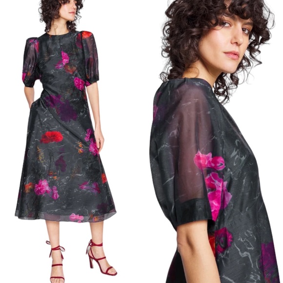 Ted Baker Dresses & Skirts - Ted Baker Mekayla Midnight Garden Organza Midi Dress Puff Sleeve Size 10 NWT